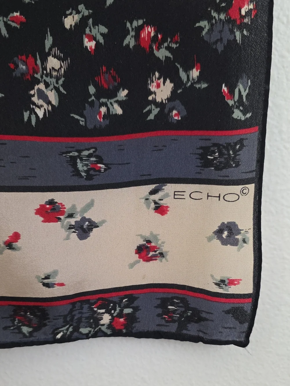 Echo Silk Floral Black, Red, Green, Gray Rectangular Scarf  52 X 11
